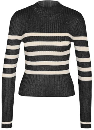 NOISY MAY Damen NMFIFI L/S HIGH Neck Rib Knit FWD NOOS Pullover, Black/Stripes:Oatmeal, XS