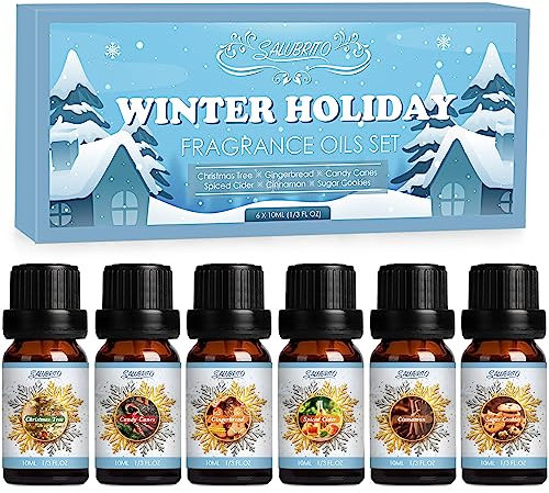SALUBRITO Winter Essential Oils Set, Premium Holiday Fragrance Oils Gift Set for Diffuser, Home, Candle, Soap Making, Cinnamon, Gingerbread, Candy Cane, Christmas Tree, Spiced Cider, Sugar Cookies
