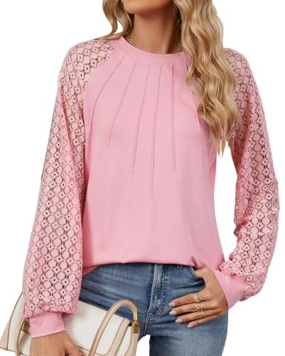OLIPHEE Blouse Femme Chemisier Femme Manches en Dentelle Découpées Tee Shirt Femme Manches Longues Blouse Couleur Unie Col Rond Blouse Chic Élégante Décontractée Rose XL