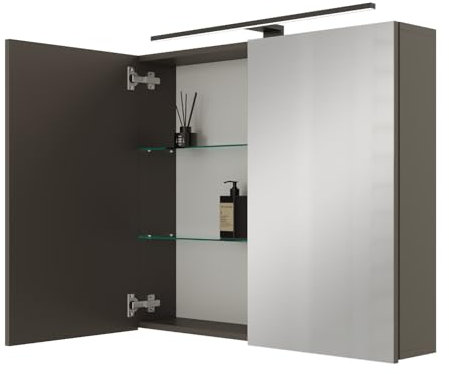 Planetmöbel ARIA Spiegelschrank Bad mit Beleuchtung 80 cm breit | Badschrank hängend mit Spiegel | Anthrazit, mit Leuchte und Steckdose, Spiegelschrank Gäste WC 80 x 70 x 16 cm