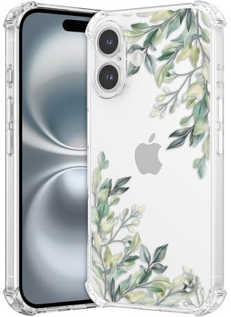 RALEAVO Compatible with iPhone 16 (6.1) Clear Floral Case Girly Soft Slim Bumper Case with Flower Pattern for iPhone 16-Leaf Pattern