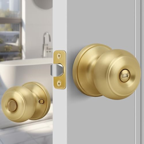 Gaurqiah Keyless Privacy Door Knob, Flat Ball Interior Door Knob, Round Locking Doorknob for Bedroom/Bathroom Doors, Satin Brass