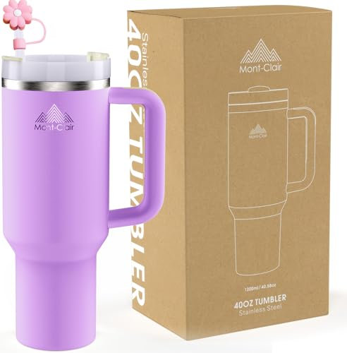 Mont-Clair Tumbler 40oz - Mug Isotherme avec Paille Couvercle Poignée - Gourde boissons chaudes et froides - Froid pendant 10 heures - Glacé pendant 48 heures - 1200ml - Lilas