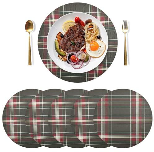 Runde Platzsets mit rot-grünen Plaiden, 6er-Set, waschbare Tischsets, dekorative Tischmatten für Esstisch, Küchendekoration