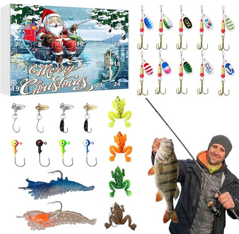 Angeln Adventskalender 2024 Erwachsene Männer Teen Jungen Angeln Adventskalender für Süßwasser Salzwasser Weichplastik für Vater Freund Granpa F Klz551 (Blue, 26.5X18.5X3.5CM)
