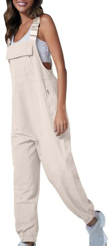 Zeiayuas Women's Overalls Boiler Suits Casual Loose Dungarees Soft Work Overalls Solid Color Jumpsuit Joggers Womens Jumpsuits Baggy Playsuit Adjustable Straps with Pockets Beige