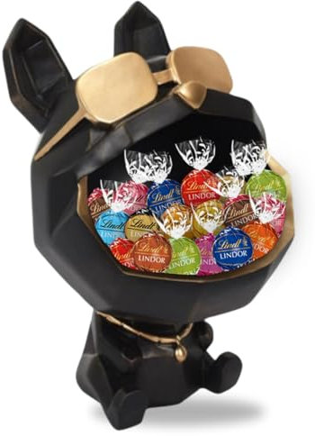 Chien Gourmand LINDOR | Vide Poche Noir Garni d'un Assortiment de 20 chocolats LINDT aux Saveurs Originales et Exclusives | Coffret Original à Offrir
