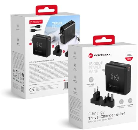 Forcell F-Energy 6in1 Travel Charger 45W USB-C USB-A - Powerbank 15000mAh - 15W PD QC 3.0 Wireless Charger - EU UK US Stecker, LCD Bildschirm