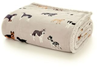 Deyongs Mixed Dogs Sherpa Fleece Throw, Oatmeal – Reversible 220gsm Flannel & 200gsm Sherpa, Ultra‑Soft Cosy Warm Blanket for Sofa & Bed, Easy‑Care 100% Polyester, Large 140 x 180 cm