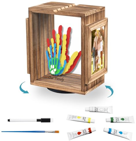 Emfogo 360 Rotating Family Handprint Kit, DIY Craft Keepsake Wooden Frame, Baby Footprint Kit, 5 Paint Colors Included, Non-Toxic Paints&Transparent Sheets, Gifts for Handprint Family Keepsake（Brown