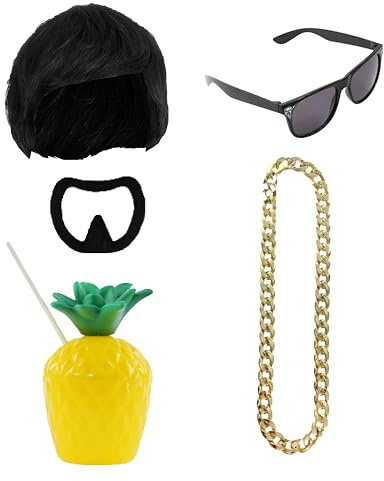 Ibiza Final Boss Kostüm Zubehör Set - Schwarze Schalenschnitt Perücke, Ziegenbart, Goldkette, Schattierungen & Ananas Cup - Lustiges Faschingskostüm-Set für Festivals & Partys Trend - Einheitsgröße