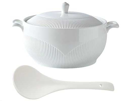 THEGA Zuppiera Bianca con 2 Manici, Zuppiere in Porcellana con Coperchio E Cucchiaio, Ciotole da Portata per Cucina E Microonde(L)