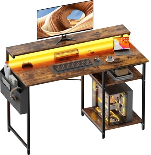 HLONONE Gaming Tisch mit LED und Monitorständer, Schreibtisch mit Stauraum | Computertisch mit Regal & Aufbewahrungstasche, Stabiles Metallgestell, für Arbeitszimmer und Schlafzimmer, 120 cm, Braun