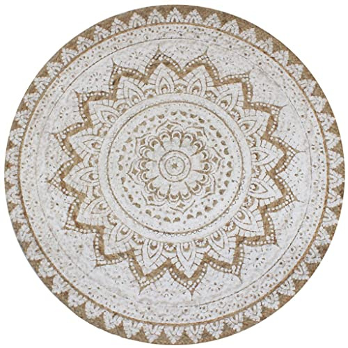 Yunovire Runder Jute Teppich Geflochten, 90 cm Durchmesser, Handgefertigt mit Mandala-Druck, Natürlicher Boho Bodenbelag für Wohnzimmer, Schlafzimmer und Zuhause