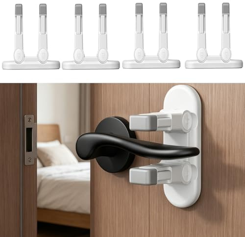4 Pack Snap-On Door Lever Locks, Child Safety Door Handle Stopper for Baby, Autism Kids-Dual Lock System, No Tools Required Without Drilling (White-4Pack)