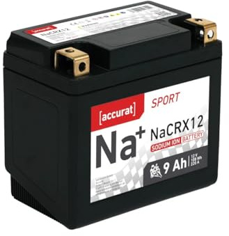 Accurat Sport Na+ NaCRX12 Natrium-Motorradbatterie, 12V 9Ah, 220A | kompatibel mit YTX12-BS, DIN 51012, Kaltstart bis -20°C, wartungsfrei, schnellladefähig, leicht & langlebig, Rollerbatterie