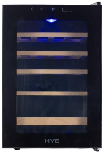 HYE Wine Cooler - 20 Bottle/62L Storage, Wooden Shelves, Black | 43CM Width, LED Top Lighting, Temperature Range Adjustment, 40 dB Operation, Perfect For Wine Enthusiasts
