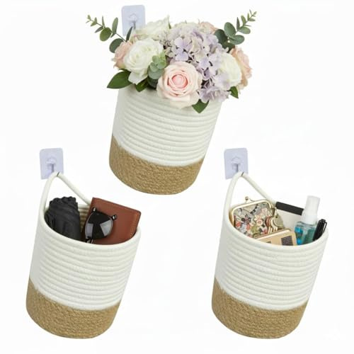 danpinera Hängekorb Set, Wandkörbe aus 100% Baumwolle, 17 x 20 cm, Hängekorb bad mit Griff zum Aufhängen, geeignet für Küche, Wohnzimmer, Kinderzimmer, Badezimmer