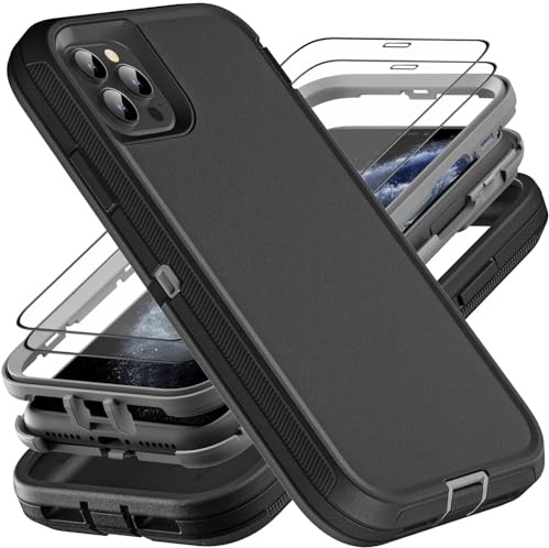 YmhxcY for iPhone 11 Pro Case, Military Grade 3 in 1 Heavy Duty Shockproof/Drop Proof/Dust Proof Case with 2Pcs Tempered Glass Screen Protector (Black/Grey)