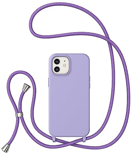 ZTOFERA Crossbody Lanyard Case for iPhone 12/12 Pro (6.1), Liquid Silicone Protective Phone Case with Strap Adjustable Neck Cord Necklace Soft Cover, Violet