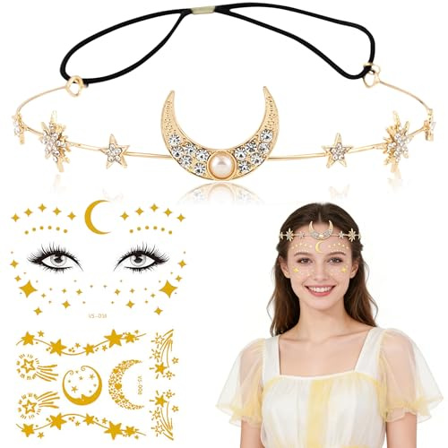 Shengruili Stern Mond Stirnband,Haarreif Mond Gold,Kopfschmuck Gold Sterne,Gesichtstattoo Sterne,Haarreif Stern Und Mond für Halloween Cosplay Maskerade Geburtstag Kostümparty