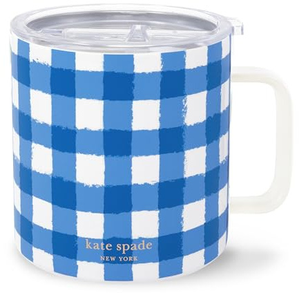 kate spade new york 16 oz Insulated Mug, Blue Gingham | Stainless Steel, Reusable, Travel Thermal Coffee Cup with Handle and Acrylic Lid for Hot and Cold Drinks