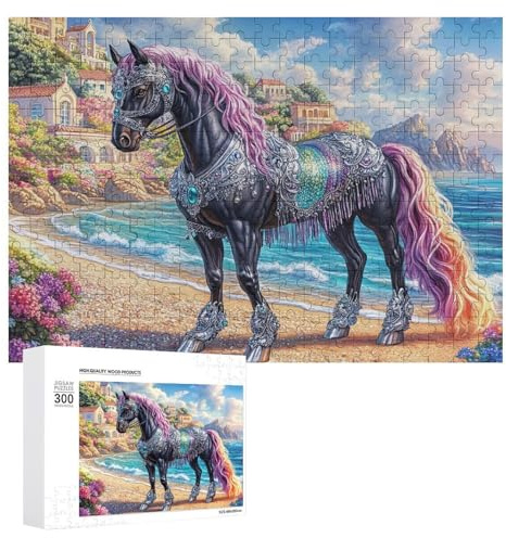 Schwarzes Pferd mit Regenbogenmane 300 Teile Puzzles Erwachsene Und Kinder Einzigartig Familienbonding Handwerk Stressabbau Geschenkidee Geschicklichkeitsspiel 300 PCS