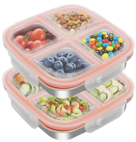 wishfly Snackbox mit 4 Fächern Edelstahl: 2 Stück Auslaufsicher Snackdose mit Deckel(600ml)-Tragbare Brotdose Kinder Meal Prep für Frische Snacks Salat Obst-Klein Bento Box Ideal für Büro