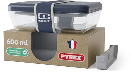 monbento x Pyrex Lunch Box en Verre Fabriquée en France, Bento Hermétique - MB Pure - 600 ml, Boîte Repas Micro-Ondable Avec Séparateur, Compatible Four et Lave-Vaisselle - Bleu