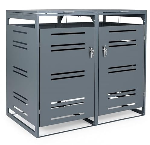 LIFEZEAL Copribidone per 2 bidoni differenziata esterno, 2x240L, Copribidoni Spazzatura Esterno con Puntone a gas, Smorzatore, 2 Porte chiudibile, per Giardino e Cortile (Grigio)