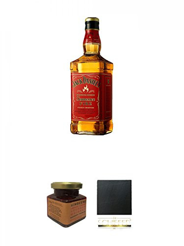 Jack Daniels FIRE 0,7 Liter + Kentucky Bourbon Himbeer-Marmelade 150 Gramm Glas + Schiefer Glasuntersetzer eckig ca. 9,5 cm Durchmesser
