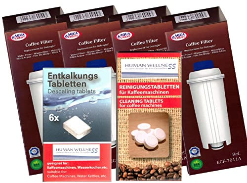Pflegeset 4 x AQK-11 - Wasserfilter kompatibel mit DeLonghi Kaffeemaschine - ersetzt DLS C002 / SER3017 / 5513292811 für ECAM ETAM ESAM + 10 Reinigungstabs + Entkalkertabs