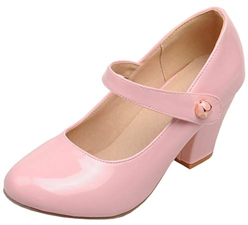 Etebella Damen Mary Jane High Heels Pumps mit Blockabsatz und Klettverschluss Rockabilly Lack Schuhe(Rosa,38)