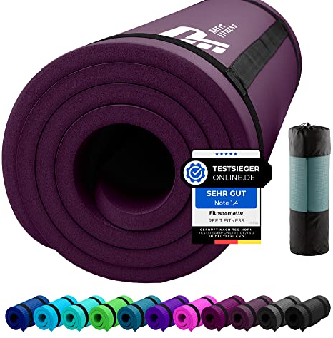 REFIT FITNESS Sportmatte Comfort-Max 190 x 60 x 1.5 cm Aubergine PainProtect SmartCell NBR Yogamatte Rutschfest Tragegurt Gymnastikmatte Matte für Sport Yoga Gymnastik Pilates