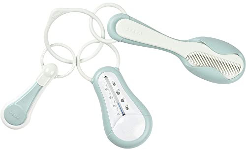 BÉABA, Set accessoires toilette bébé/ Enfant, Thermomètre de bain+ Coupe ongle+ Peigne brosse, Green Blue