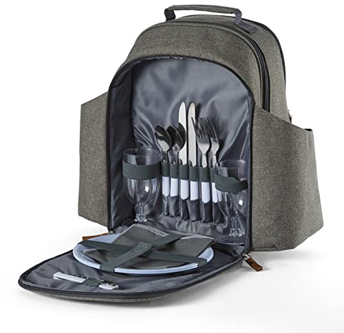 Tower Coast & Country by CC879023 Heritage Picknick-Rucksack für 2 Personen, gefüllt mit Geschirr-Set, Isolierung, Grün und Hellbraun, Ethylen-Vinylacetat Kunststoff, 5 l