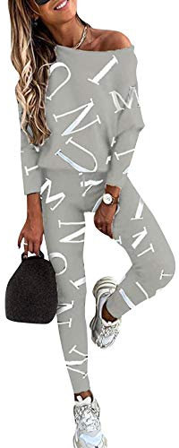EFOFEI Damen 2 Teiliger Trainingsanzug Drucken Pyjama Set Oberteile & Pyjamahosen Bekleidung Set Lässige Änzuge Sternmode Freizeitanzug Grau L