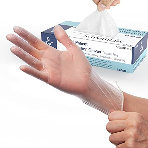 Merrimen | Gloves, disposable gloves, Multi purpose & extra strong, Powder free vinyl gloves, Box of 100 Clear S