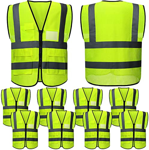 JenPen 10 Pieces Reflective Safety Vests with Pockets and Zipper, High Visibility Mesh Construction Vest for Men Women(L,Green)