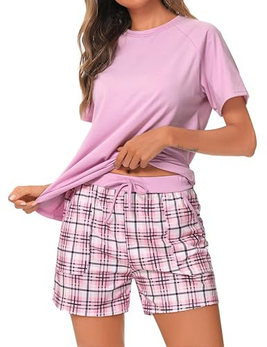 Uniexcosm Pyjama Femme Coton Court Ensembles de Femme Ete Carreaux Col Rond Manches Courtes Pyjama pour Femme Short avec Poches Latérales Rose S