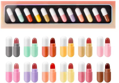 Mini Lippenstift Set 12 Farben Kapseln Matter PillenföRmiger Lippenstift Wasserdichter Lang Anhaltender Mini-Kapseln Samt-Lippenstift-Set FüR Frauen (1Pack)