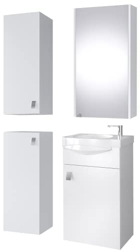 Planetmöbel Badmöbel Set Waschtisch mit Unterschrank 40 x 60 x 29 cm mit Spiegelschrank 40 cm, 2X Midischränke für Badezimmer, Gäste WC & Bad, Weiß