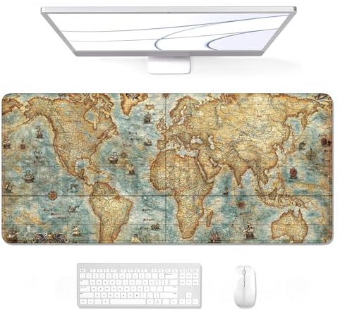 Auhoahsil Large Mouse Pad, XXL Gaming Mousepad, Desk Mat for Desktop, Thick Rubber, Big & Long Size, Stitched Edges, Full Desk Pad for Laptop & Computer, Extended 31.5 x 11.8 in, Vintage World Map