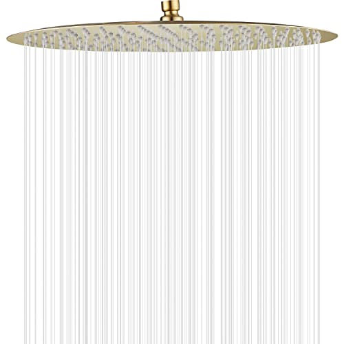 GGStudy High Pressure Round Shower Head 12 Inches Large Stainless Steel Shower Heads Ultra Thin Rainfall Bath Shower 1/2 Connection Brushed Gold Shower Head