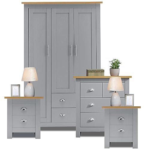 Bedroom Furniture Set with 3 Door Wardrobe & 2+2 Drawer Chest of Drawer + 2 Drawer 2 Bedside Table Cabinet Bedroom Set for 4 Piece Bedroom Storage furniture Set (Grey & Oak)