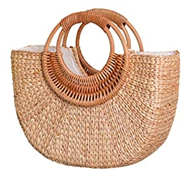 ISAKEN Sac à Main en Paille pour Femmes, Rond Sac de Plage Panier en Rotin Tissé Sac à Bandoulière d'été Fourre-Tout Sac D'épaule pour Voyage Vacances Achats et Prendre des Photos