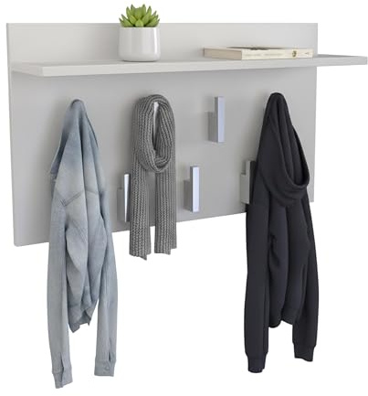 CDF Wandgarderobe mit Ablage Garderobenpaneel 7 Haken Kleiderhaken Wandhalterung für Flur Modernes Design Flurgarderobe Aufbewahrung Jackenhalter 70 x 20 x 40 cm - Weiß
