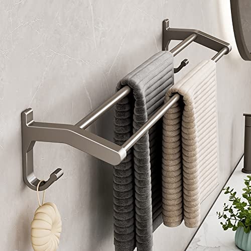 SEJAS Handtuchhalter Bad Ohne Bohren 2-Stöckig Handtuch Stange mit 2 Haken Badezimmer Doppel Aluminium Wand Handtuchstange Selbstklebend Badetuchhalter, Grau (80cm/31.49inch)