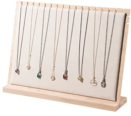 Justsoso Großer Halskettenständer aus Bambus, Anhänger-Halsketten-Holz-Schmuckhalter, Ketten-Schmuckregal-Organizer, Tisch-Display-Tafeln für Zuhause oder Geschäft, Verkaufsshow (beigefarbener Samt)