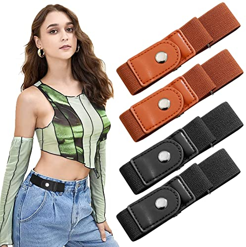 WASYPLSFOI Gürtel Ohne Schnalle Herren Damen Kinder Elastischer Stretchgürtel Unsichtbarer Schnallenfreier Gürtel, 2 Paare Schwarz & Braun